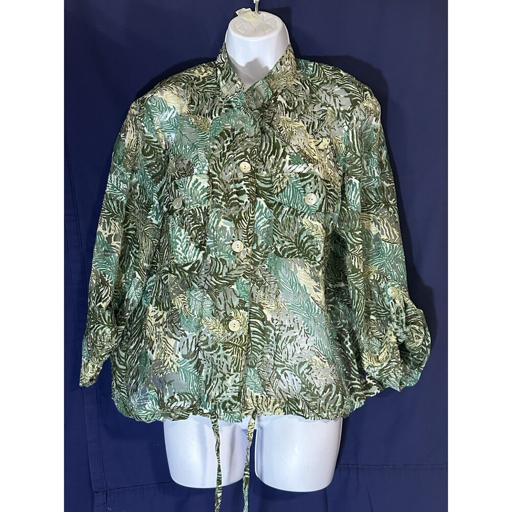 Hearts Of Palm Green Tropical Print Semi-Sheer Button Front Blouse Top Size 18